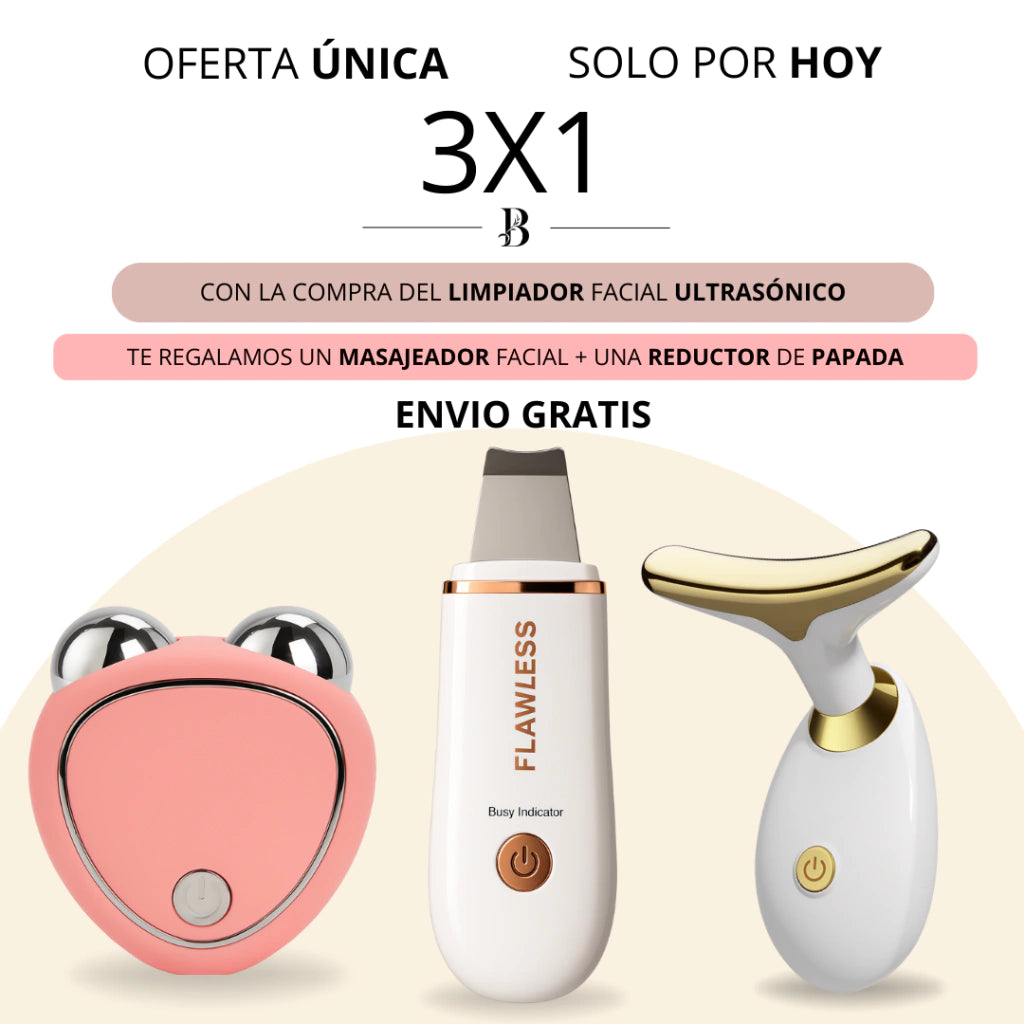 OFERTA 3X1 LIMPIADOR FACIAL ULTRASÓNICO + MASAJEADOR FACIAL CON MICROCORRIENTE + REDUCTOR DE PAPADA: VOLVE A DARLE VIDA A TU CARA CON ESTE COMBO